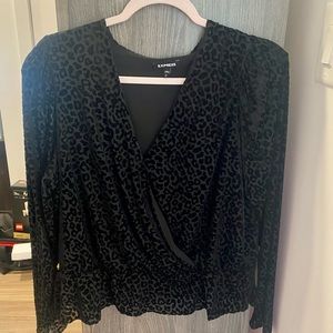 Express Black Velvet Burnout Leopard Peplum top with Surplice neckline